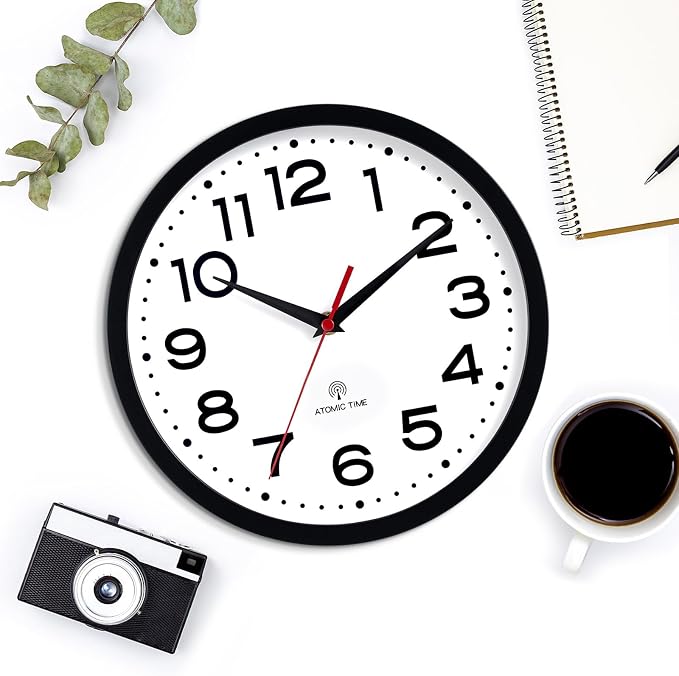 Roymnie Atomic Wall Clock 12 Inch, Modern Clock Battery Operated Classic Analog Decorative for Kitchen, Living Room, Office, Bedroom, Bathroom (Black)
