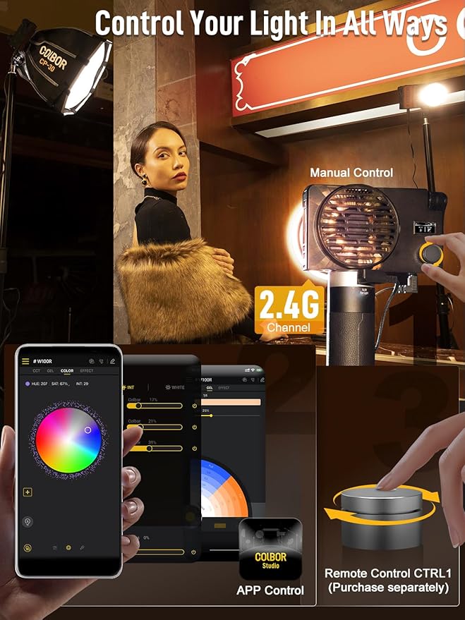 Video Light, COLBOR W100R RGB COB Continuous Output Lighting 100W 2700-6500K Full Color LED Studio Light CRI97+ TLCI98+ with APP Control for Photography