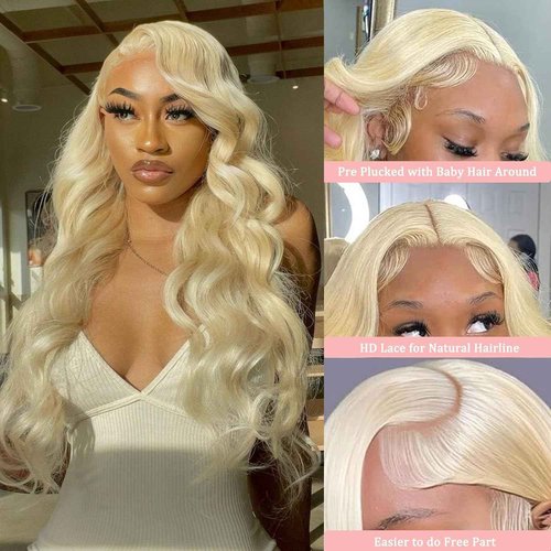 MMFZPHEIR 613 Lace Front Wig Human Hair 180 Density 13x4 Body Wave HD Transparent Lace Front Wigs Blonde Wig Glueless Wigs Pre Plucked Pre Cut With Natural Hairline 22 Inch