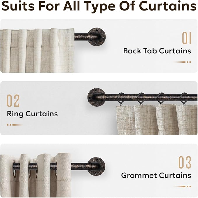 Zeerobee Curtain Rods for Windows 72 to 144, 1 Inch Industrial Wrap Around Vintage Bronze Curtain Rod, Indoor/Outdoor Room Divider Adjustable Drapery Pole, 72"-144"