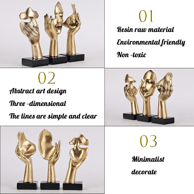 3 Pcs Thinker Small Statue Set - Black Gold Home Decor Abstract Art Figurines for Shelves, Living Room Coffee Table, Office Desktop (3 Pcs Gold, 6")