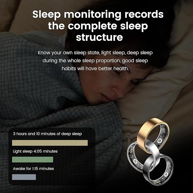 Smart Health Ring for Women Men Fitness Tracker with Heart Rate, Blood Oxygen,Sleep Monitoring, Step Counting, IP68 Waterproof for iPhone and Android, No Subscription Fee (Silver, 8)