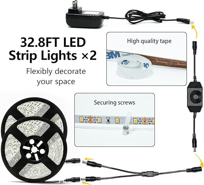 LED Strip Lights White 65.6ft Dimmable 6000K Bright White Strip Lighting, 12V 20M 1200 LEDs 2835 Flexible led Light for Kitchen, Under Cabinet, Bedroom, Wardrobe.