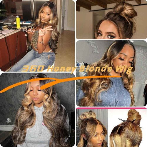 Brofiri 360 HD Lace Front Wigs Human Hair 4/27 Highlight Ombre Body Wave Wig Human Hair Pre Plucked 180 Density Full Lace Frontal Wigs Glueless Hidden Strap Lace Frontal Wig for Women 26 Inch