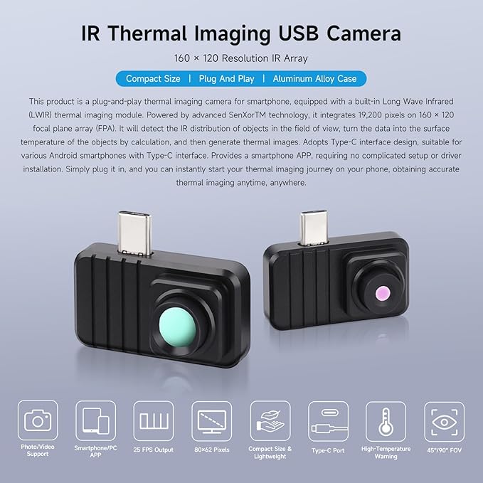 Waveshare Smartphone Infrared Thermal Imaging Camera, Type-C Port, Plug-and-Play, 160×120 Pixels, 45° Field of View, with Aluminum Alloy Case