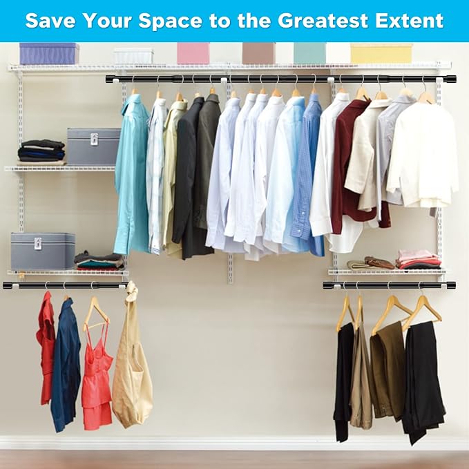 INFLATION Closet Rod With Hangers Adjustable Width (15-50 Inch) Tension for Hanging Clothes Rack, 35 Inch Height, Elegant Black Hanging Closet Organizer for Women, Men and Kids