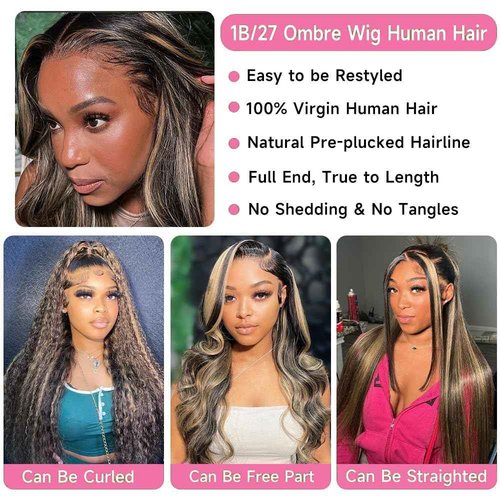 eddfine Ombre Glueless Wigs Human Hair Pre Plucked Pre Cut 5x5 Hd Lace Closure Wigs Human Hair 16 Inch 1B/27 Colored Highlight Body Wave Wigs 250% Density Glueless Wigs for Beginners