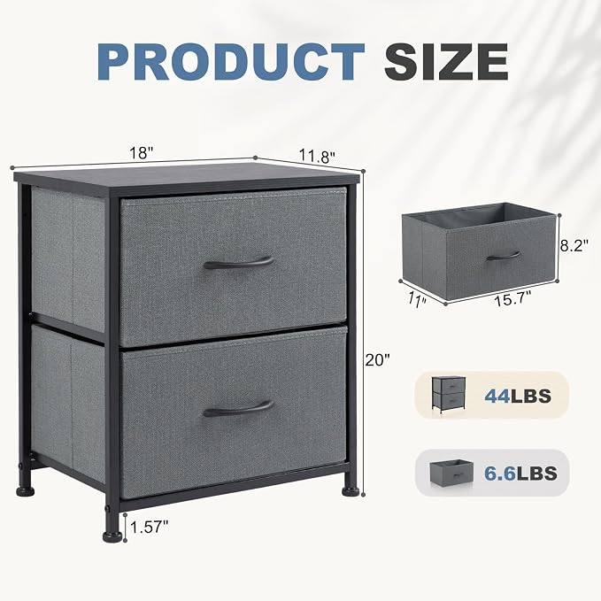 DUMOS Nightstand Set of 2, Small Dresser with 2 Fabric Drawers Side Bedroom End Table Kids Bedside Storage Furniture for 25 inch Tall Night Stand for Closet, Entryway, College Dorm, Ash