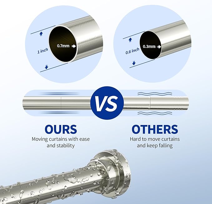 Mcrbeay Shower Curtain Rod, 1" Diameter Heavy Duty Tension Shower Rod, Non Slip Adjustable 28-102 inch No Drill Shower Curtain Rods Spring Tension For Bathroom, Shower Stall, No Rust, Brushed Nickel