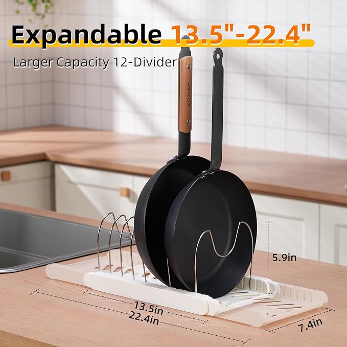 Pot Rack -Expandable Pan Organizer for Cabinet,Pot Lid Holder with 7 Adjustable Compartment for Kitchen Cabinet Cookware Baking Frying Rack,Apricot