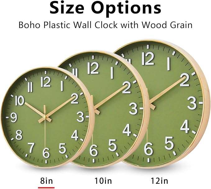 HZDHCLH Wall Clocks Battery Operated,Wall Clock Green Gold,8 inch Wall Clock Silent Non Ticking Modern 3D Numbers for Kitchen Bedroom Living Room Office Classroom Decor