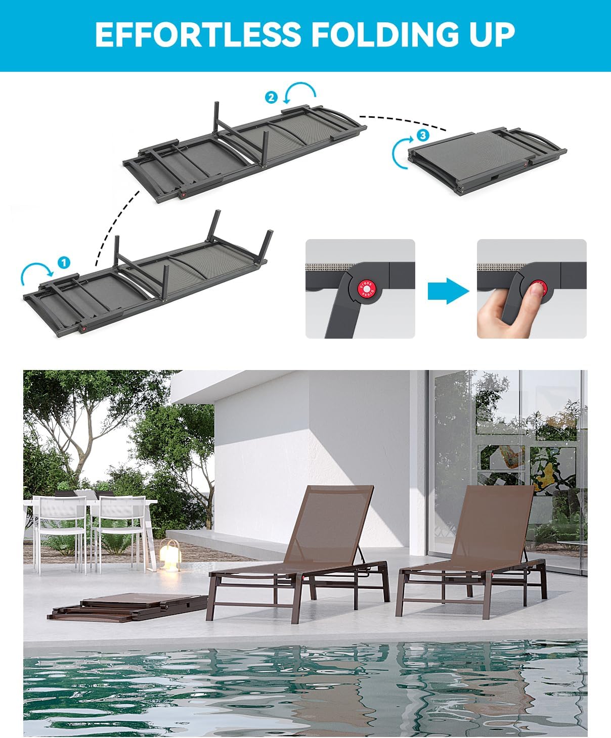Aluminum Chaise Lounge Chair Outdoor, Foldable Patio Lounge Chair Assemble-Free, Pool Lounge Chairs with 5 Adjustable Backrest, Outdoor Lounge Chairs for Outside Poolside Beach Lawn Brown