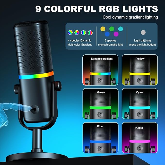 Aokeo Microphone for PC, AK-10 USB/XLR Dynamic Desktop Microphone for Gaming,Podcast,Streaming with RGB Light,Volume Control,Mute Button,Noise Reduction(White)