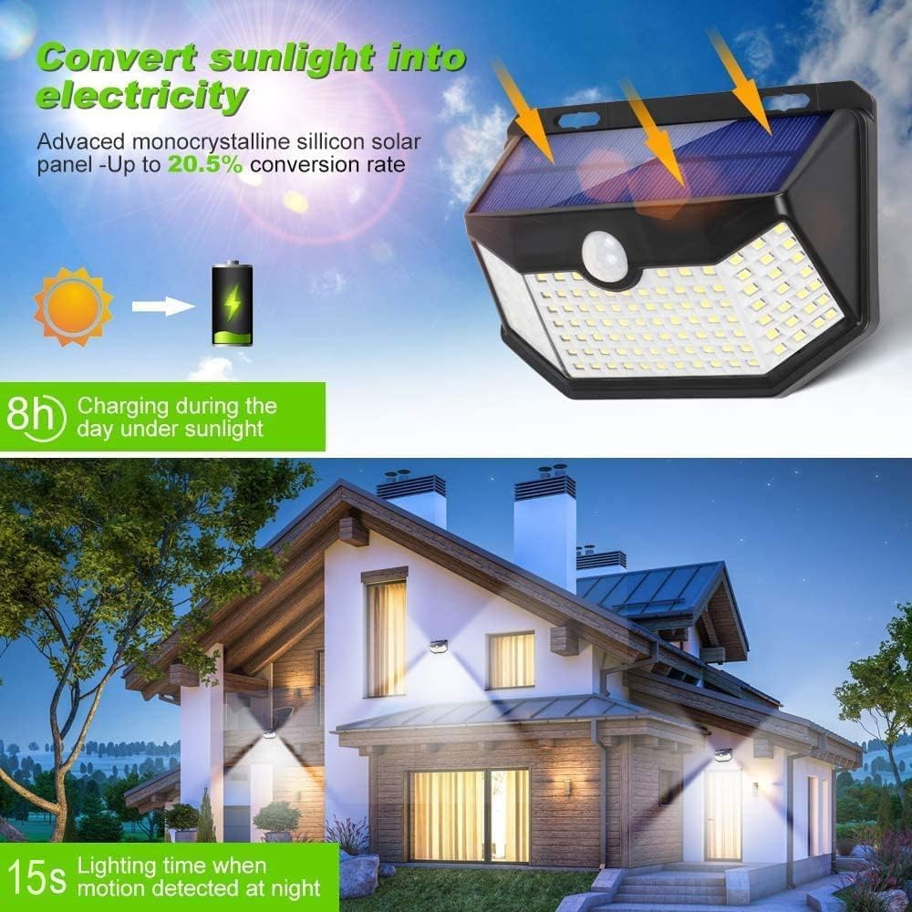 HMCITY Solar Lights Outdoor 120 LED with Reflector and 3 Lighting Modes,Motion Sensor Wall Lights, IP65 Waterproof Solar Powered Wall Lights for Garden Deck Lights (Back Button 4Packs, Daylight White)