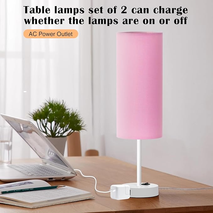 ZJOJO Table Lamp for Bedroom 2 Pack,18in Bedside Lamps with 3 Way Dimmable Rocker Switch & AC Outlet,Nightstand Desk Lamp with Pink Fabric Shade White Base for Living Room Home Decor Lights