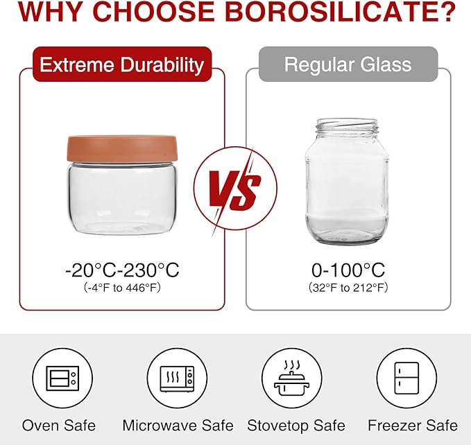 6 Pack 10oz Borosilicate Glass Jars with Lids – Fits 1 Cup Recipes and Toppings – Freezer to Oven Safe (-4°F to 446°F) Meal Prep Containers for Chia Pudding, Overnight Oats, Yogurt