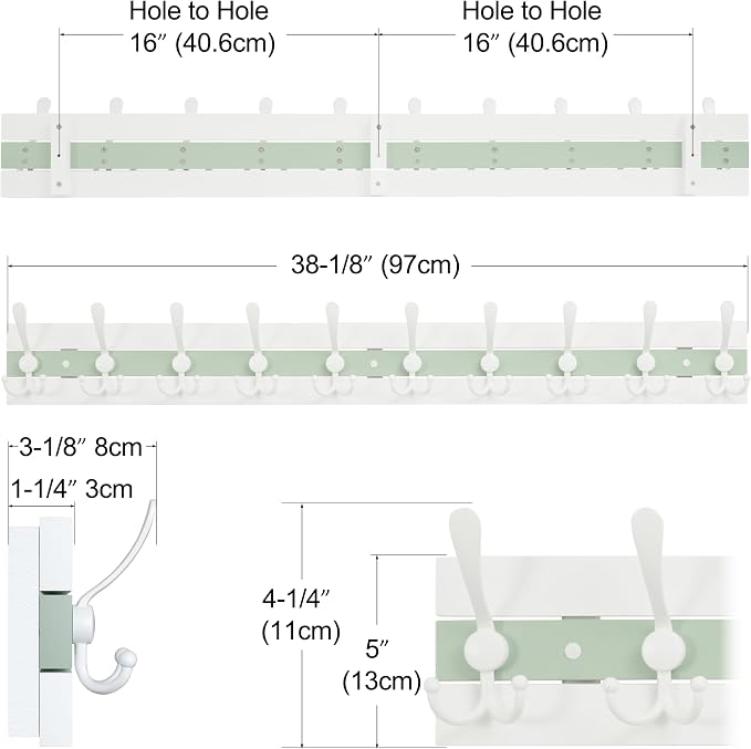 SKOLOO Coastal Wall Mounted Coat Rack - 38-1/8" Beach House Entryway Wooden Coat Hook with 10 Hooks for Hanging Coats, Hats or Towels, Oceanfront Cottage Core Collection, White & Green