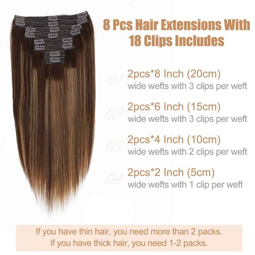 Goulus Clip-in Hair Extensions - Real Human Hair, 120g, 8pcs, Silky Straight, Chocolate Brown & Caramel Blonde, Double Weft, Thick Clip Ins (4/27/4,24)