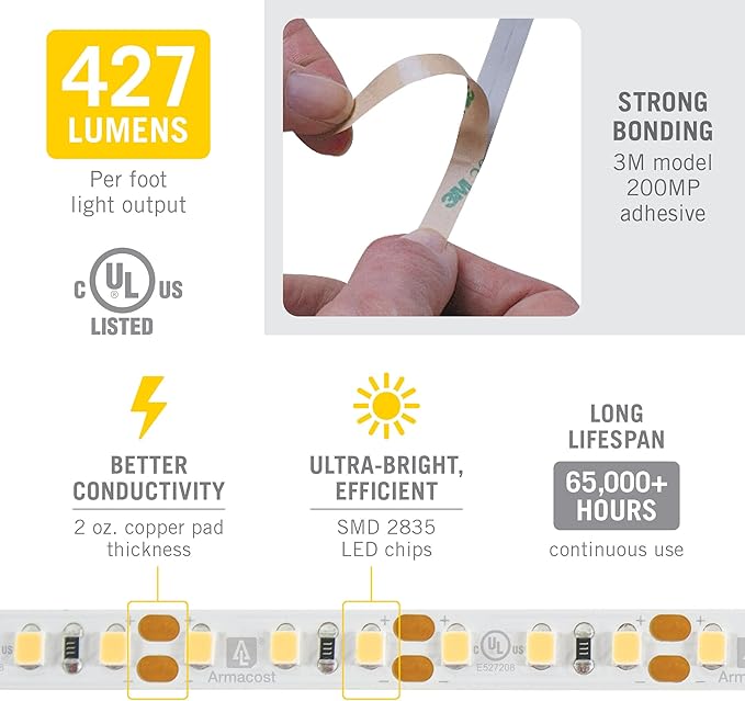 Armacost Lighting RibbonFlex Pro 12V White LED Strip Lights 120 LED/m, 3000K, 8.2 ft 143210