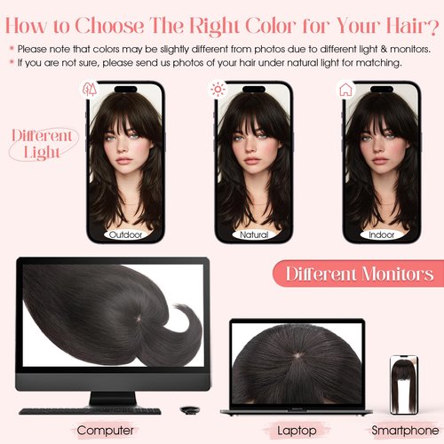 Hairro Mono Hair Toppers with Bangs, 3.4" x 3.4" Mono Base 100% Real Human Hairpieces for Women, 150% Density Clips In Topper for Greyish Thinning Hair, 14 Inch Medium Brown
