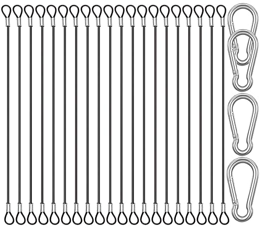 20 Pack 6 Inch(15cm) Safety Stainless Steel Tethers with 4 Pcs Spring Snap Hook Clips, Steel Wire Cable with Loops Vinyl Cover Coated Short Rope Lanyard Lock Safety Tether Chains, Black