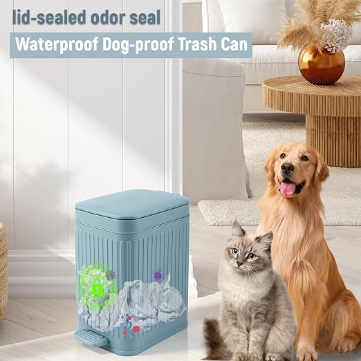 rejomiik Small Bathroom Trash Can with Lid Slim Soft Close Garbage Can Step Wastebasket Container Trash Bin for Office Bedroom Kitchen Living Room 1.9 Gallon, Light Blue