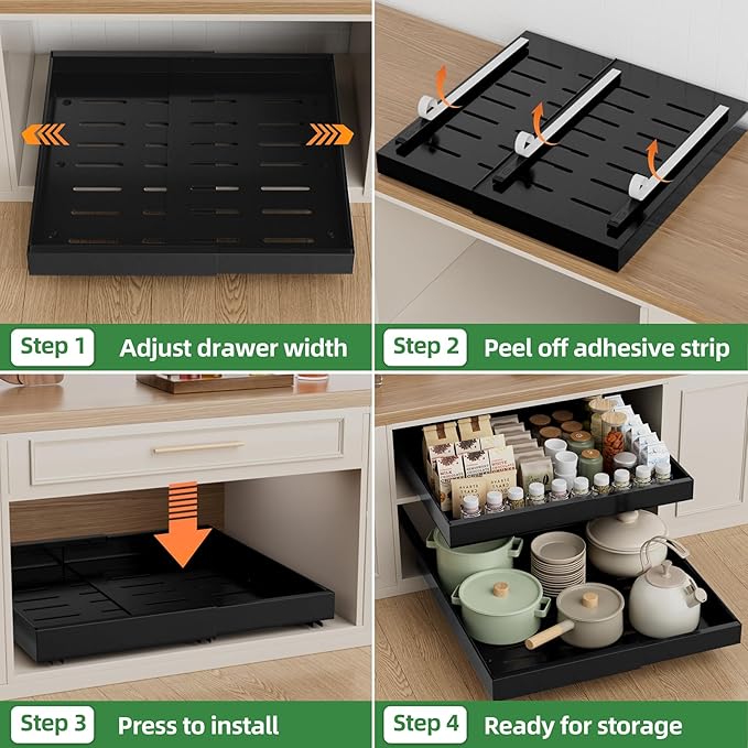 PAKETA 4 Pack Expandable Pull Out Cabinet Organizer, 21'' Deep Pull Out Drawers for Cabinets,Upgrade 3 Slide Rails Sliding Drawer for Kitchen Cabinet Organizer with Adhesive Nano Film (Black)