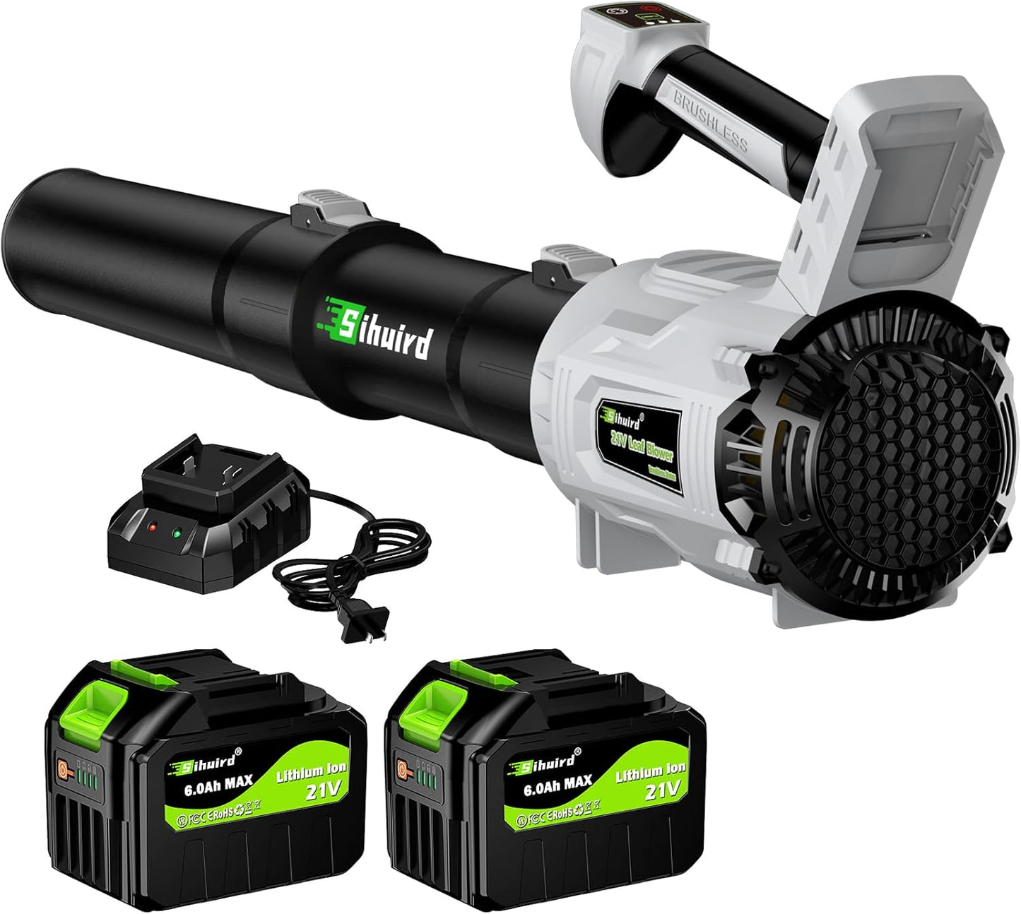 Leaf Blower Cordless,2 x 21V 6.0Ah Battery and Charger, with 680CFM 190MPH Electric Cordless Leaf Blower, 3-Variable Speed & Turbo Mode, Blowers for Lawn Care (5002)-F (Grey)