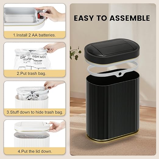 ELPHECO Bathroom Trash Can with Lid Butterfly, Motion Sensor Trash Can Bathroom Decor Automatic Garbage Can Wastebasket Bathroom Accessories, Kitchen, Living Room, Office, Black Gold