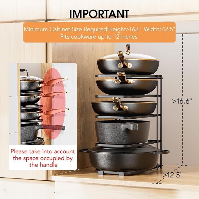 ORDORA Pots and Pans Organizer Rack under Cabinet 13.58" Tall, 5-Tier Pan Organizers inside Cabinet, Space Saving Kitchen Storage Pot Rack for Baking Pan Cast Iron Skillets Cookware - No Assembly