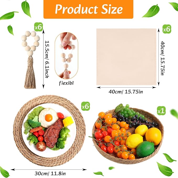6 Sets Boho Decoration Placemats Round Woven Placemats, Cloth Napkins, Wood Bead Napkin Rings, Long Table Runner and Farmhouse Burlap Cotton for Table Kitchen (Caramel,12x72)