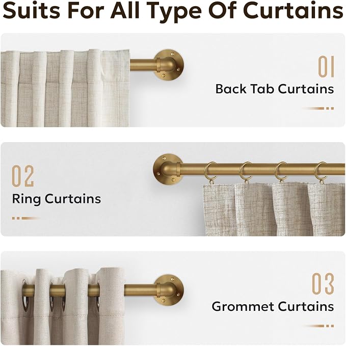 Zeerobee Curtain Rods for Windows 72 to 144, 1 Inch Industrial Wrap Around Warm Gold Curtain Rod, Indoor/Outdoor Room Divider Adjustable Drapery Pole, 72"-144"