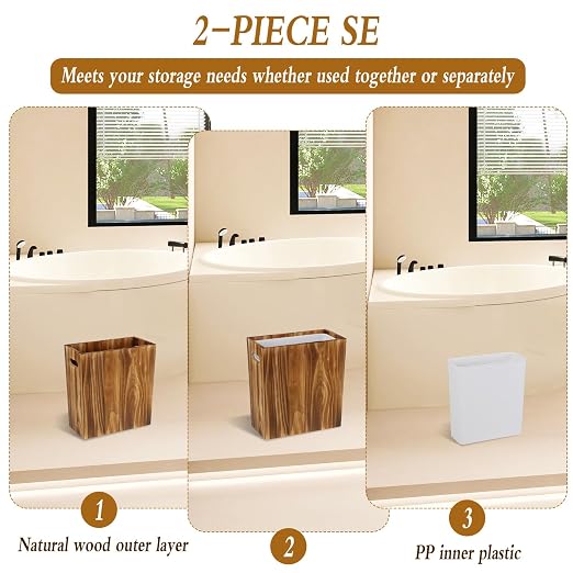 3 Gallon Wooden Trash Can with Liner, Wood & Plastic Bathroom Trash Can, Small Decorative Waste Basket for Bathroom, Bedroom, Kitchen, Office