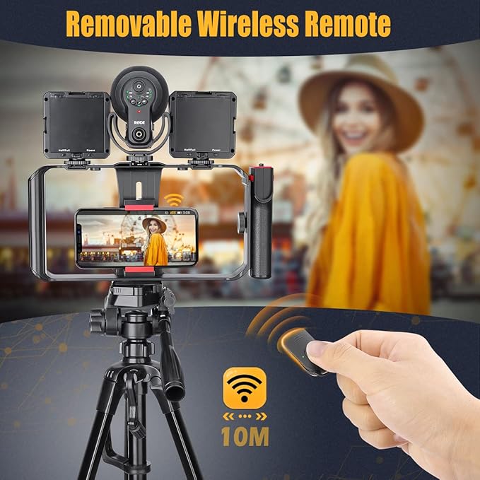 Zeadio Smartphone Video Cage Rig, Filmmaking Vlogging Case, Phone Stabilizer Tripod Mount with Wireless Remote Shutter Fits for All iPhone and Android Smartphones