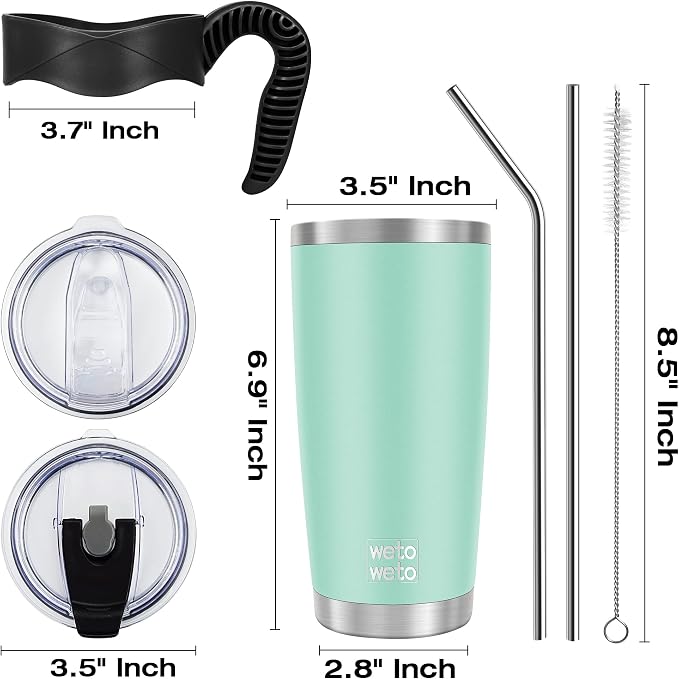 WETOWETO 20oz Tumbler with 2 lids and 2 straws, Stainless Steel Vacuum Insulated Water Coffee Tumbler Cup with Handle, Double Wall Powder Coated Travel Mug Thermal Cup (Light Green, 1 Pack)
