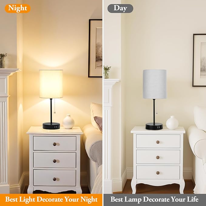 17.3’’ Table Lamps Set of 2 with 2 USB & AC Outlet, Bedside Nightstand Lamps for Bedroom Living Room Kid’s Room, Desk Lamp with Pull Chain Switch & Fabric Shade for Office Reading Nursery, Grey