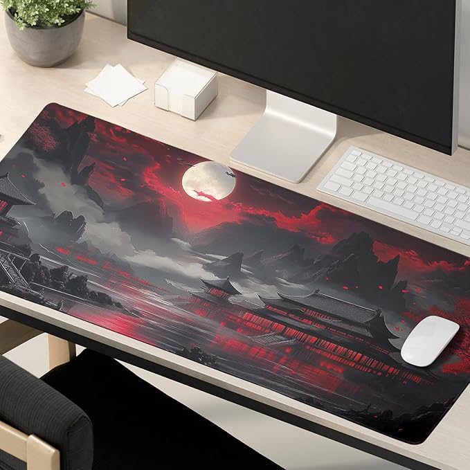 Riverside Full Moon Desk Mat Japanese Desk Pad Black Red Large Mouse Pad Gaming Mousepad 31.5"x11.8" Extended XXL Keyboard Pad Japanese Laptop Pc Computer Mouse Keyboard Mat for Home Office Work Game