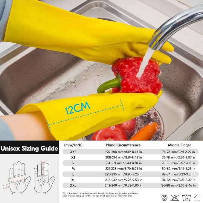 Vgo... 5-Pairs Reusable Household Gloves, Rubber Dishwashing gloves, Extra Thickness, Long Sleeves, Kitchen Cleaning, Working, Painting, Gardening, Pet Care (Size M, Yellow, HH4601)