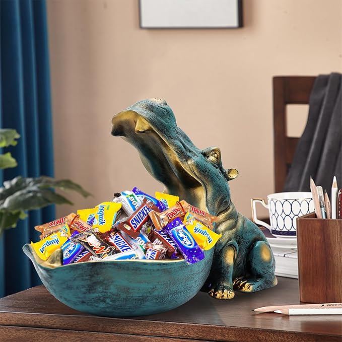 aboxoo Hippo Statue,Large Hippopotamus Figurine Home Sculpture with Resin, Hippo Candy Jar, Candy Dish Bowl for Office Desk, Key Bowl for Entryway Table,Container Storage Art Decor Box(Dark Blue)
