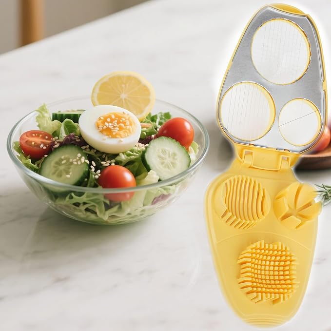 3 In 1 Egg Slicer for Hard Boiled Eggs,3 Slice Modes Egg Cutter,Stainless Steel Dicer for Strawberry Mushroom Grape Cherry, Multifunctional Food Cutter Slicer for Home Kitchen Chopper Gadgets (Yellow)