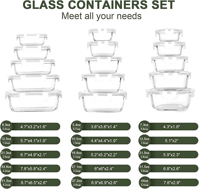 KOMUEE 30 Pieces Glass Food Storage Containers Set, Glass Meal Prep Containers Set with Snap Locking Lids, Airtight Glass lunch Containers, Microwave, Oven, Freezer & Dishwasher,White