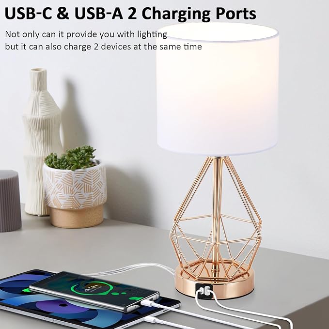 Table Lamp with USB Port, 3 Way Dimmable Touch Lamps for Nightstand, Modern Small Bedside Lamp with Fabric Shade, Gold Side Table Lamp for Bedroom Living Room, USB A & C, LED Bulb Included