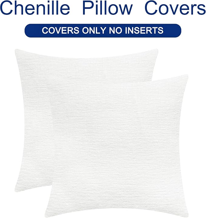 CaliTime Throw Pillow Covers Decorative 16 X 16 Inches Pack of 2 Cozy Chenille Cushion Cases for Couch Sofa Bed Living Room Home True White