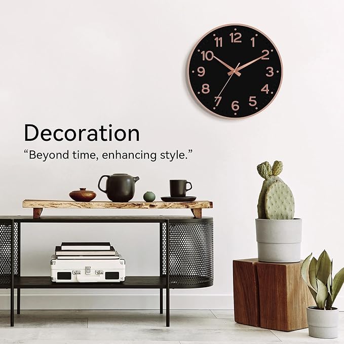Roymnie Wall Clock 12 Inch Silent Wall Clocks Battery Operated-Modern Non Ticking Analog Clock Decorative for Kitchen Bedroom Office (Black Rose Gold)