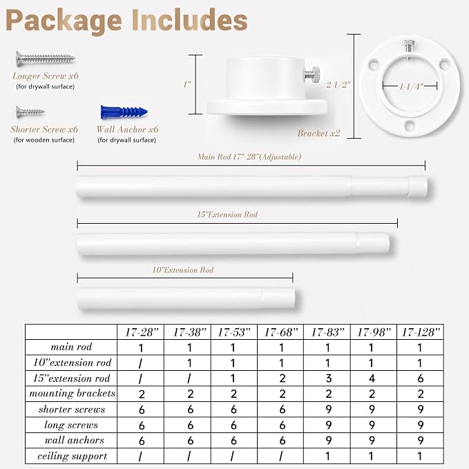 Closet Rod Adjustable 17 to 53 Inch, 1-1/4” Diameter, Closet Rods for Hanging Clothes, Stepless Metal Heavy Duty Hanging Rod for Closet Wardrobes Laundry RV (White)