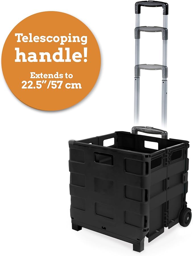 Inspired Living Ultra-Slim Rolling Collapsible Storage Pack-N-Roll Utility-carts, with Telescopic Handle, for Home, Garden, Shopping, Office, School use, Medium, Black