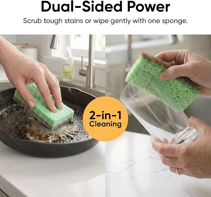 Superio Non-Scratch Cellulose Sponge Scrub (12-Pack) Heavy Duty Kitchen Sponges Scrubbers with Scouring Pad (Green)