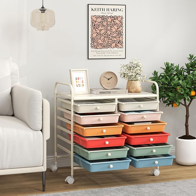 Giantex 12 Drawers Rolling Cart, Mobile Storage Drawer Cart, Classroom Organizer Cart for Office School Supplies Tools Scrapbook Paper Craft Small Printer, Utility Cart on Wheels, Macaron