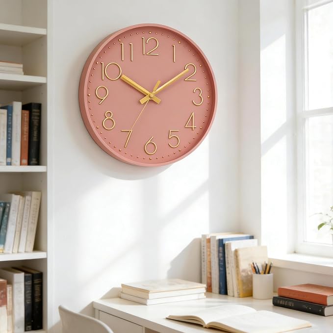 DAXSMY Wall Clock - 10 Inch Silent Non-Ticking Modern 3D Wall Clocks Battery Operated - Decorative Clock for Kitchen, Home Office, Bathroom, Bedroom(Pink)