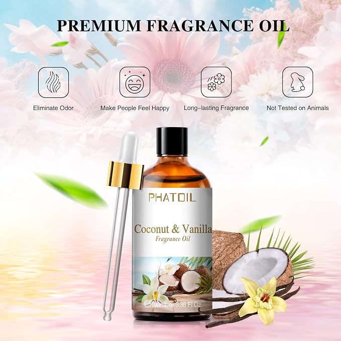 PHATOIL 3.38FL.OZ Coconut & Vanilla Fragrance Oils for Aromatherapy, Long Lasting Scented Oils for Home, Perfect for Diffuser, Yoga, DIY Candle and Soap Making - 100ml